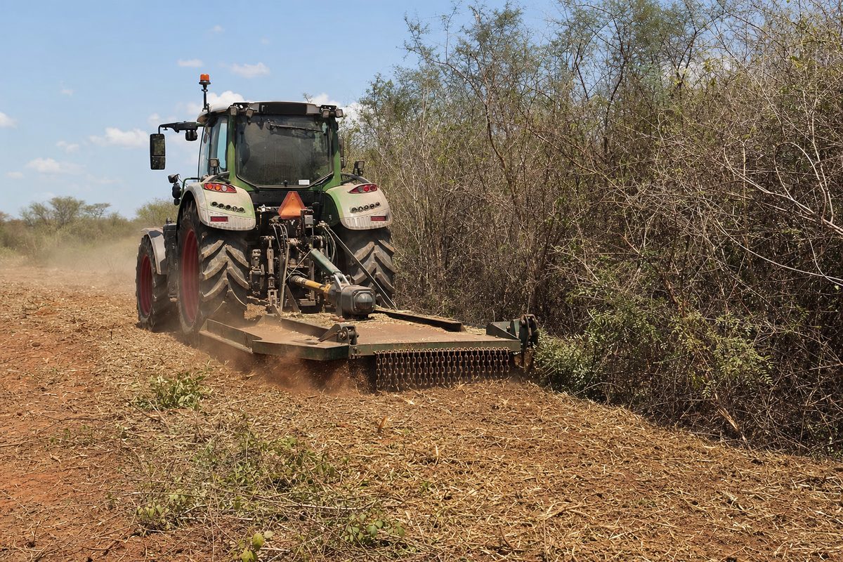 Tractor with a heavy-duty rotary slasher clearing dry thorn scrub