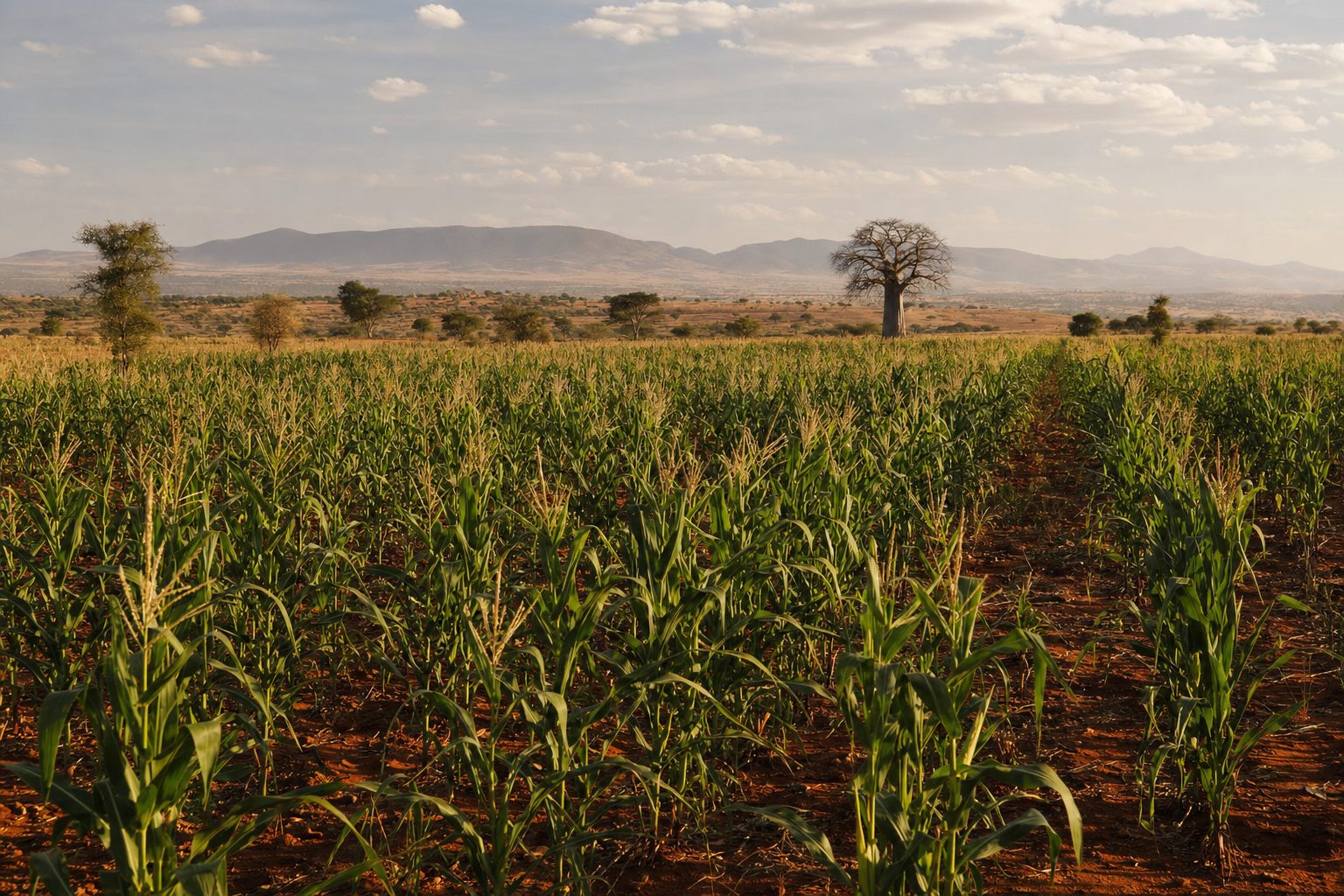 Rainfed maize field on the semi-arid plateau of central Tanzania, with a baobab on the horizon