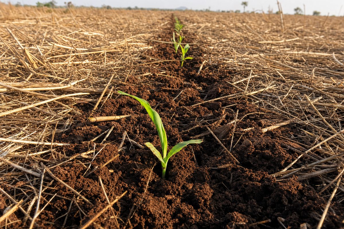 A narrow tilled soil strip with crop residue mulch on both sides and emerging seedlings