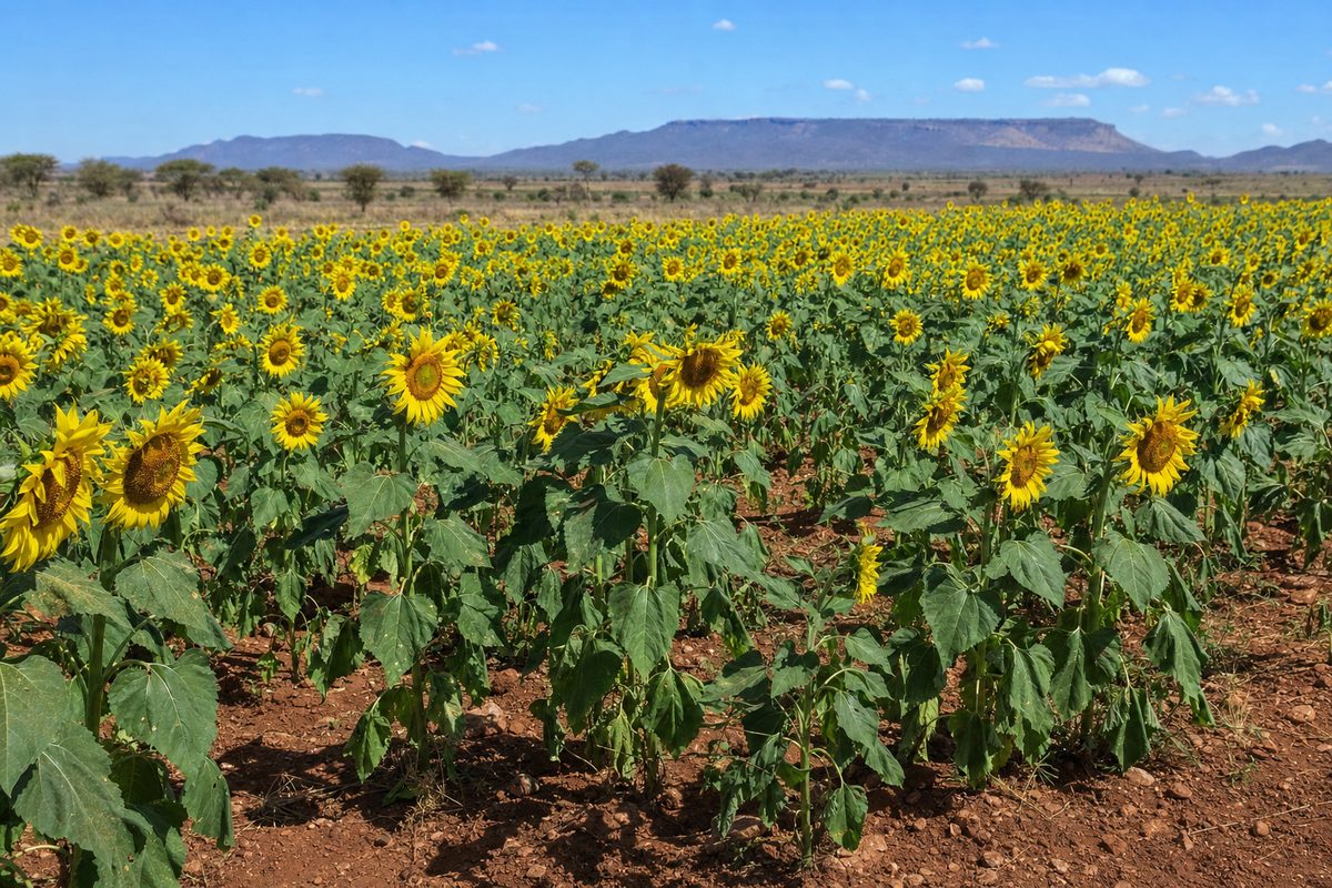 Sunflower field in full bloom under a clear sky in central Tanzania
